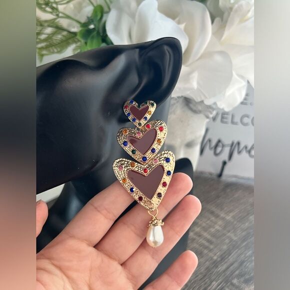 Bold Multi-Heart Statement Earrings with Colorful Gems and Pearl Drop - Picture 5 of 7